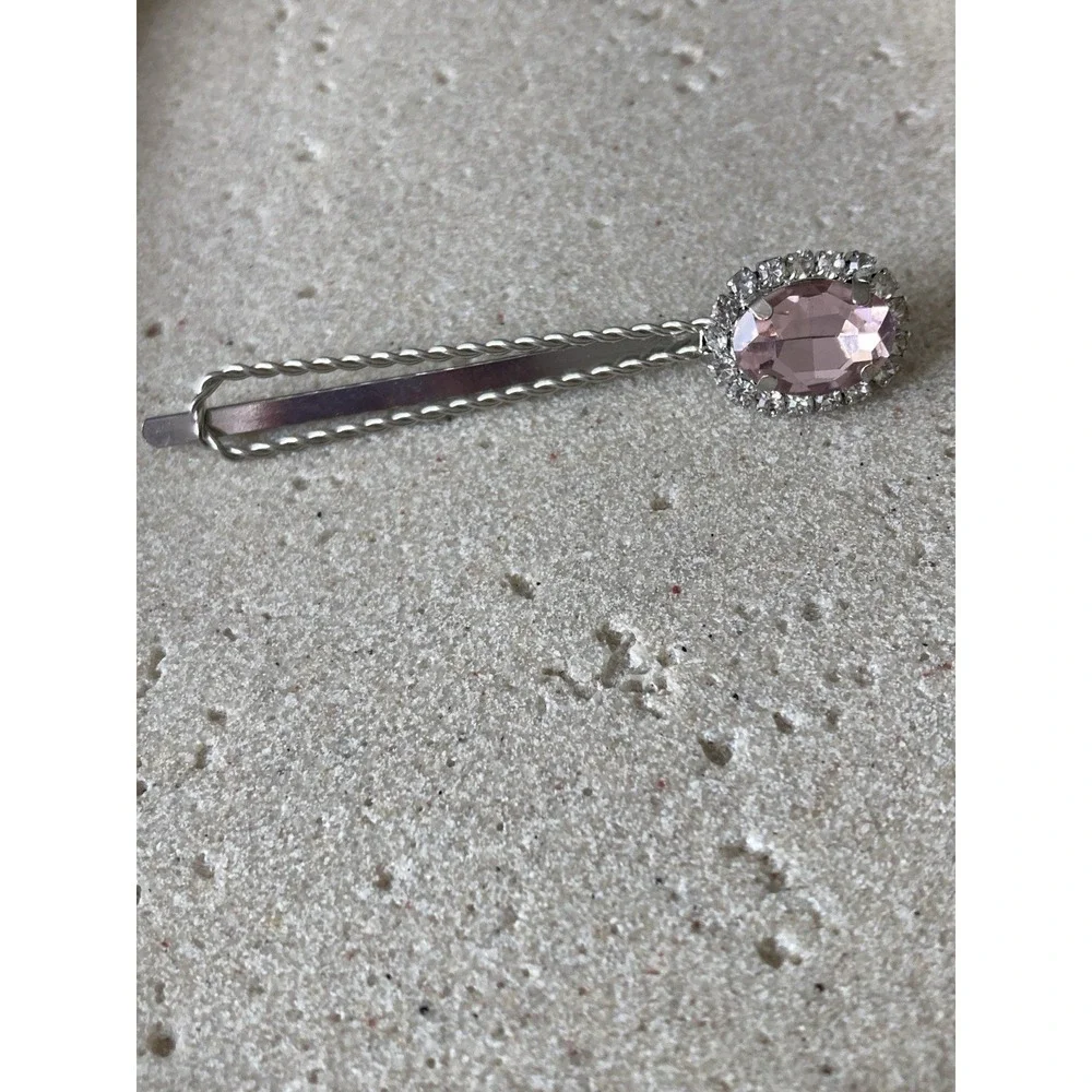 Silver Tone Pink‎ Rhinestone Bobby Pin Hair Clip Oval Gem Bridal Prom Barrette
